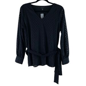 Ann Taylor Women’s Black Sheer Herringbone Long Sleeve Blouse Belted Blouse SzMP
